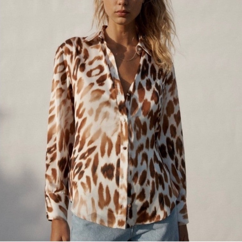 Zara Leopard Print Button Up Long Sleeve Blouse